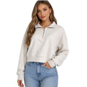 Homebody Club Gray Fleece Oversized Cropped Quarter Zip Pullover Sweatshirt